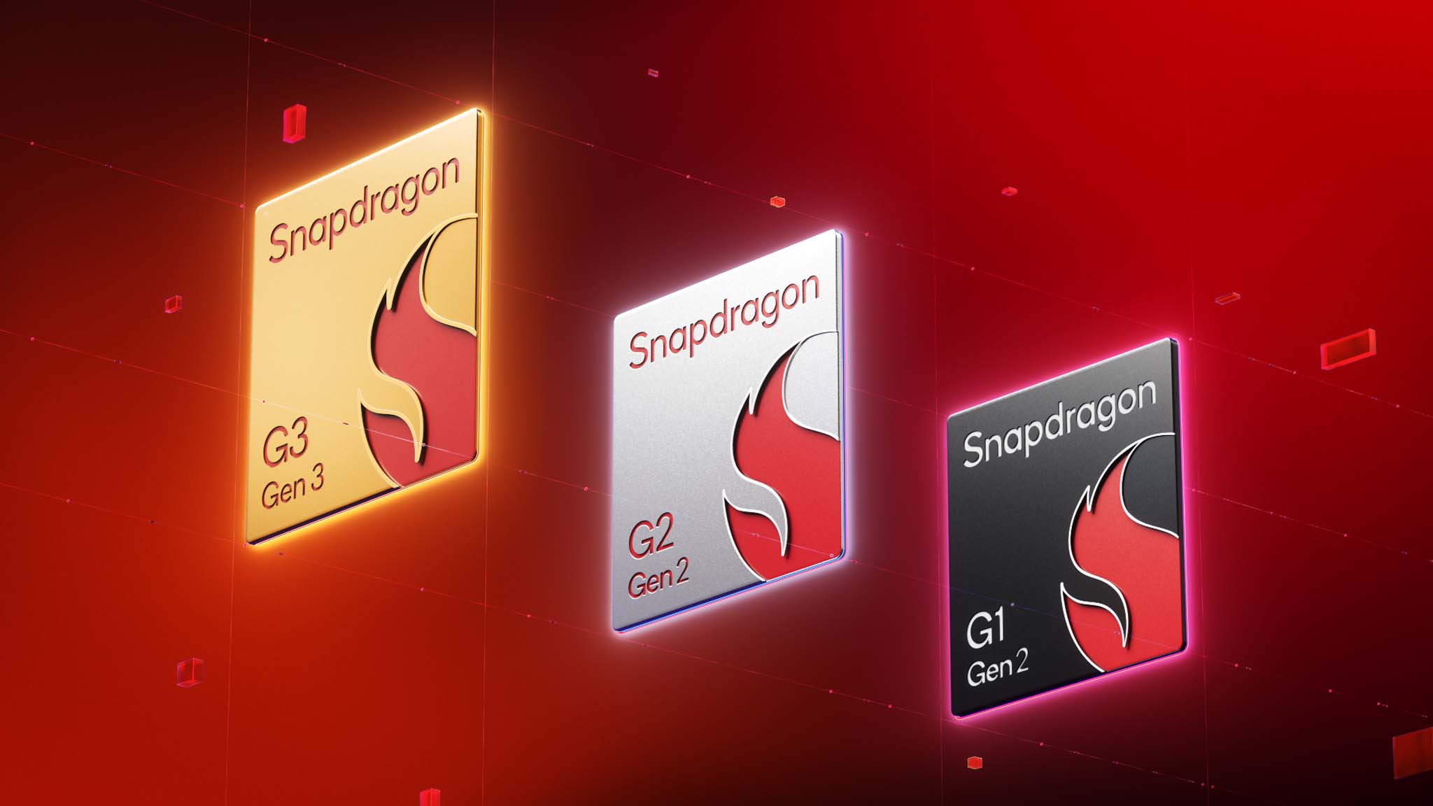 Kırmızı bir arka plan üzerinde Snapdragon G3 Gen 3, G2 Gen 2 ve G1 Gen 2 yongaları.