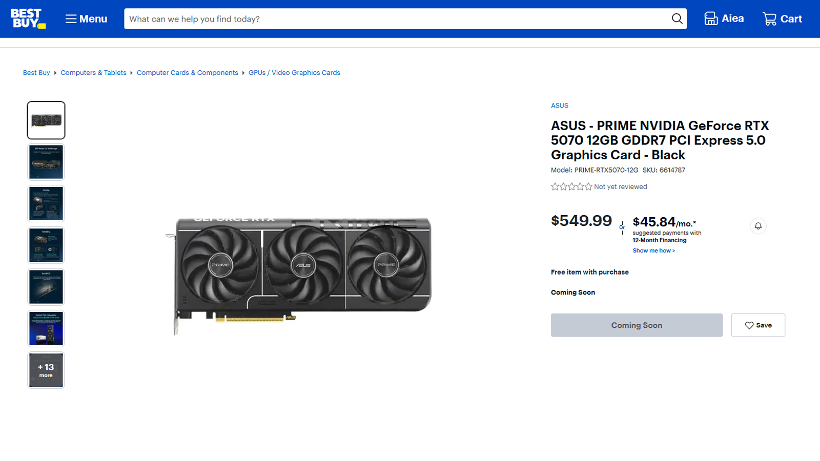 Best Buy'da Asus RTX 5070 Prime'ın ekran görüntüsü