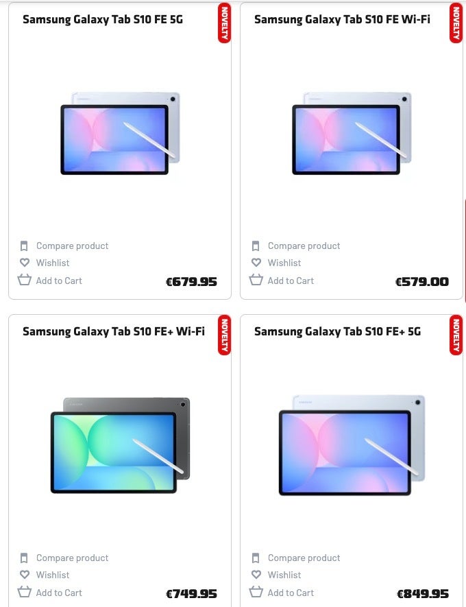 Avusturya'da Samsung Galaxy Tab S10 Fe ve Fe Plus'ın ekran görüntüsü