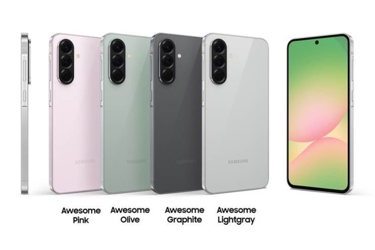 Samsung Galaxy A56 5G'nin farklı renklerini sergileyen resmi pazarlama görüntüsü