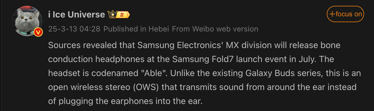 Samsung'un yaklaşan kemik iletim kulaklıkları hakkında rapor veren Çince'de bir sosyal medya yayınının ekran görüntüsü.