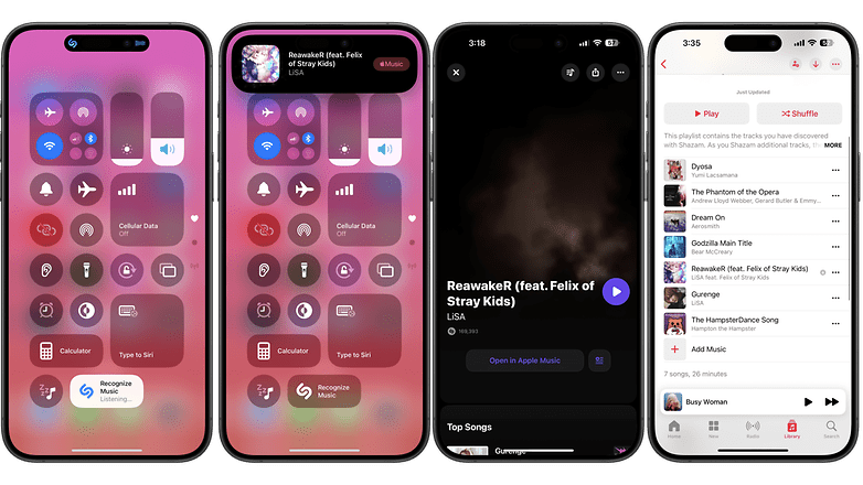Dört akıllı telefon ekranı, renkli bir kullanıcı arayüzünde müzik tanıma işlevlerini ve çalma listelerini gösterir. Dört akıllı telefon ekranı, renkli bir kullanıcı arayüzünde müzik tanıma işlevlerini ve çalma listelerini gösterir.