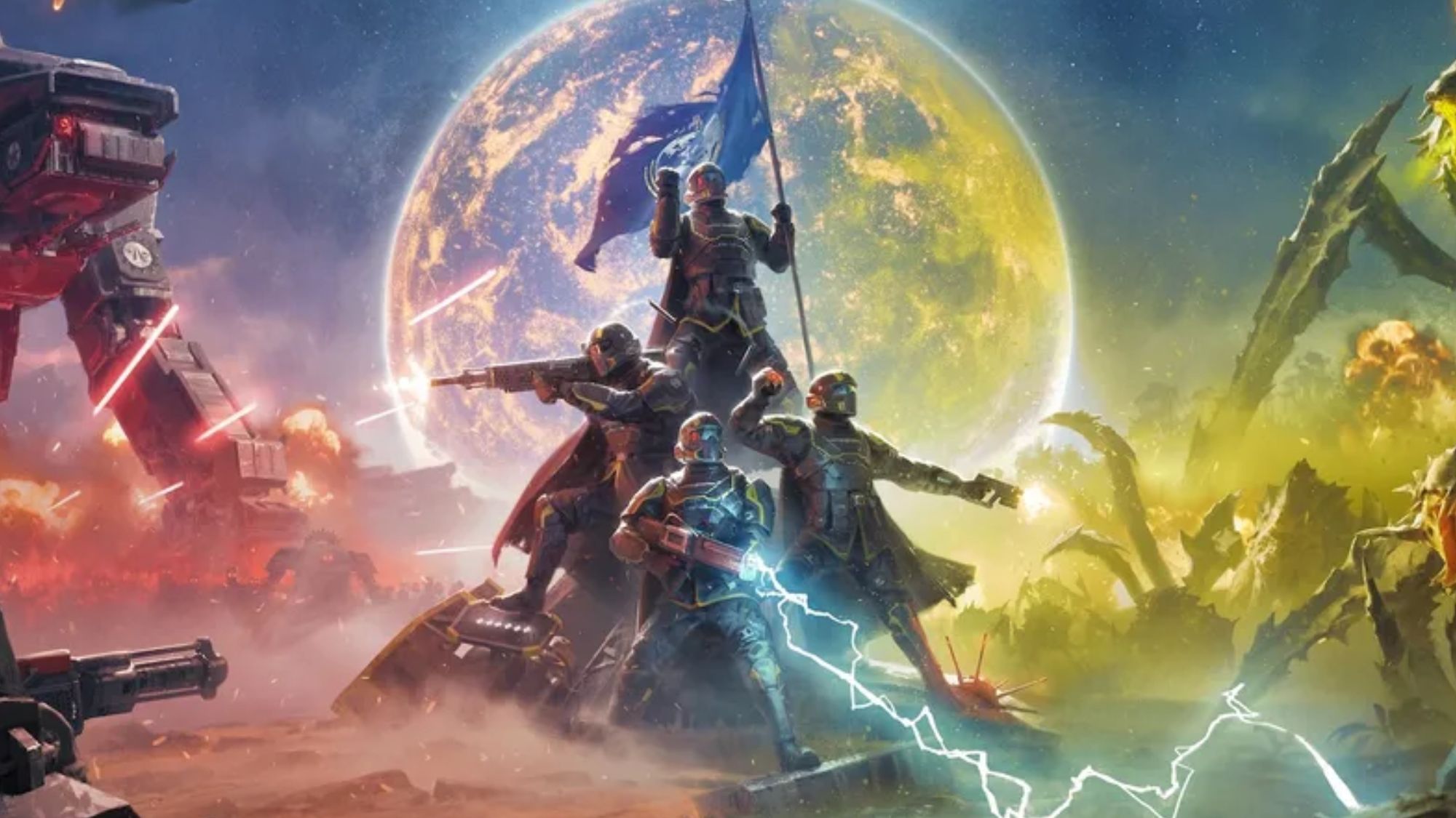 Helldivers 2 Anahtar Sanat Termini ve robotları tecavüz etmekten bir noktayı savunan Helldivers ekibini gösteriyor. Süper Dünya arka planda yükselir.