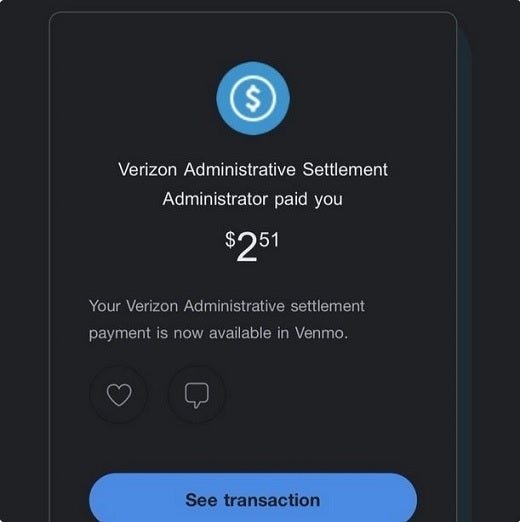 Fotoğraf, bazı Verizon abonelerinin bir sınıf aksiyon anlaşmasından payları olarak önemsiz miktarlar aldığını gösteriyor.