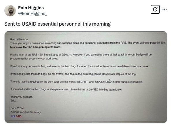 USAID çalışanlarına kayıt yakmalarını söyleyen e -posta ekran görüntüsü.