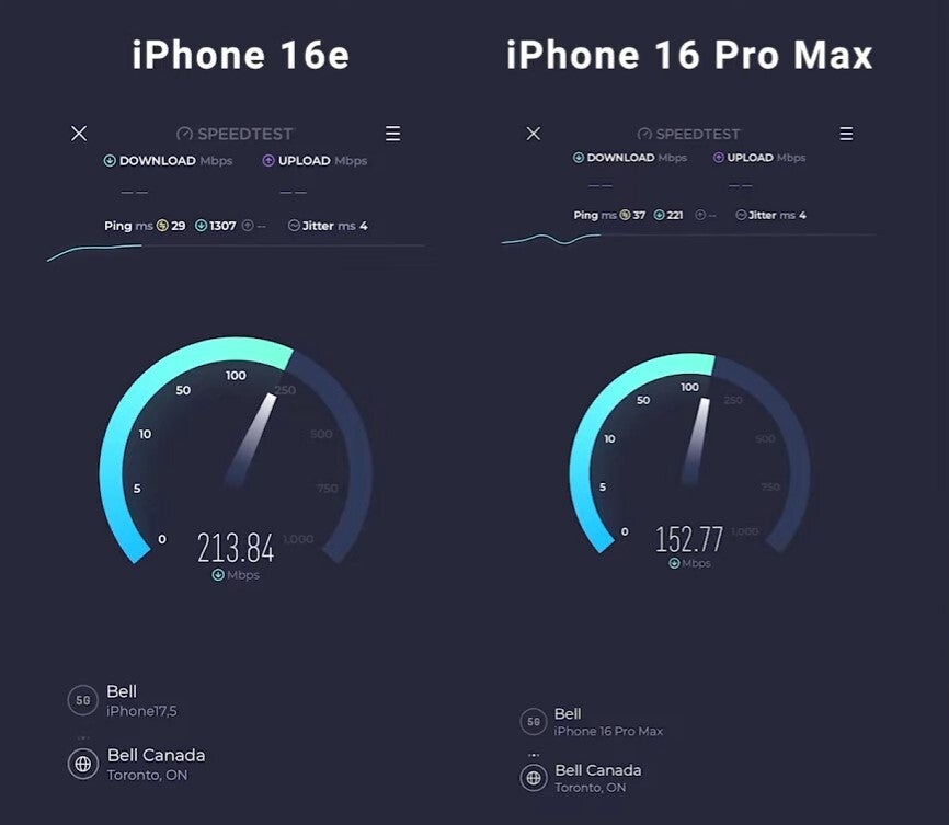 Apple'ın C1 5G modemi, bu testte Snapdragon X71 5G modeminden daha hızlıdır. | Image Credit -Dave2D - Test Tartışmasız IPhone 16e'deki modem'i iPhone 16 Pro Max'tekinden daha hızlı gösteriyor