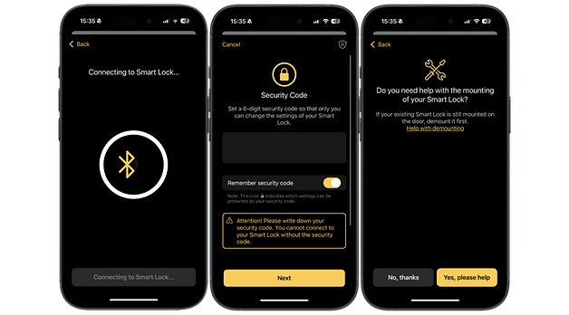 Nuki Smart Lock'un mobilya sürecini gösteren üç akıllı telefon ekranı.
