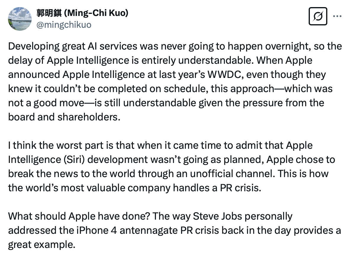 Image Kredisi - Ming -Chi Kuo on X - Tim Cook Siri'nin AI felaketini işliyor All What - Apple Analisti İşleri Daha İyi Yaptı Diyor