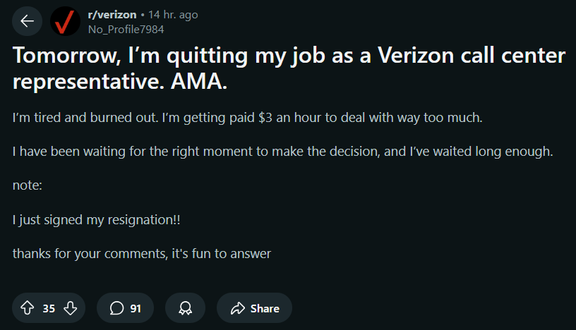 Görüntü Kaynağı - Reddit - Verizon Temsilcisi, yakıldıktan sonra 3 $/saatte işten ayrıldı