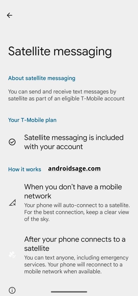Android 15'teki uydu mesajlaşma ayarlarının ekran görüntüsü