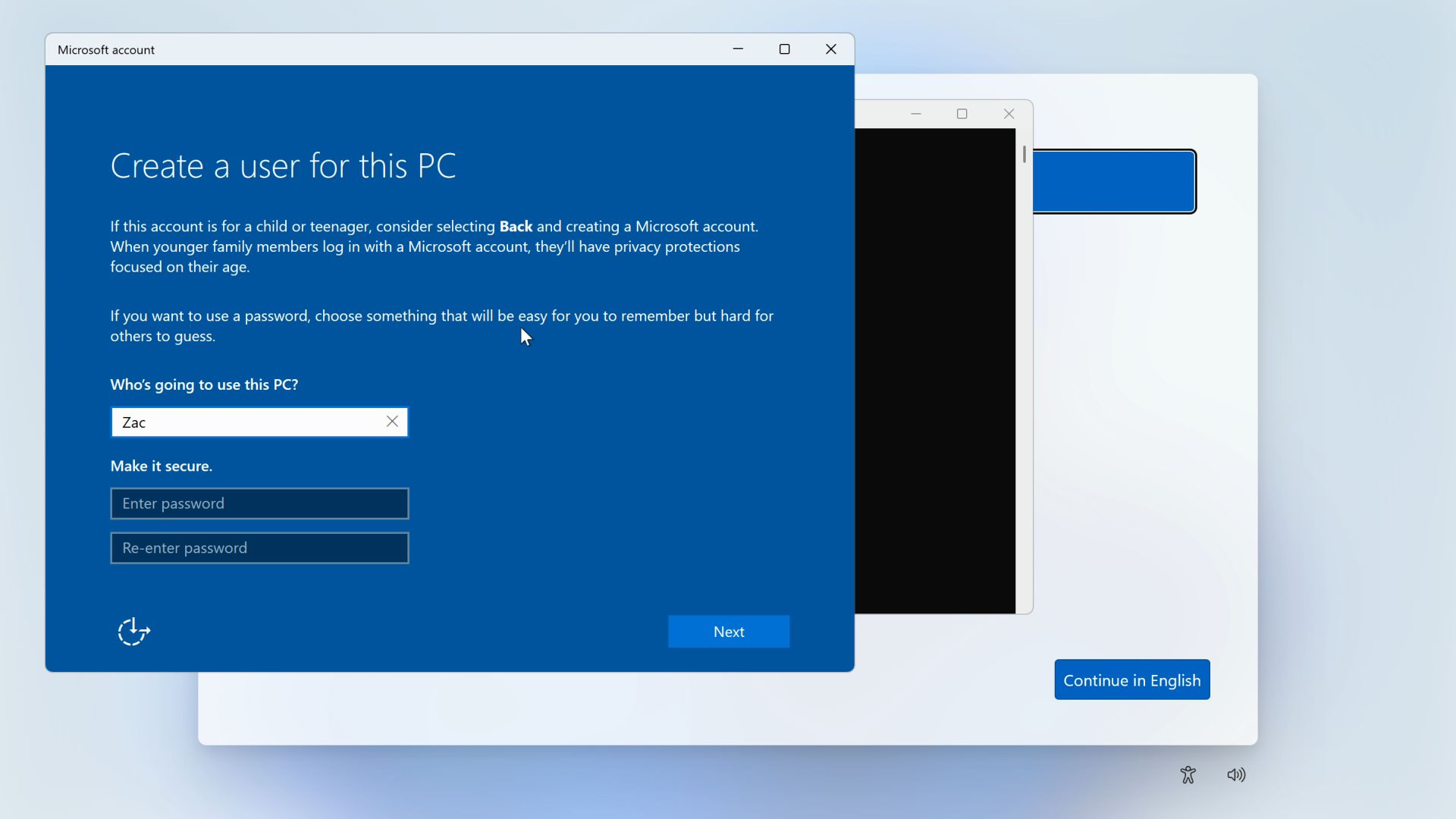 Windows 11'de kurulum aşamasında yerel bir hesap oluşturma 26200.