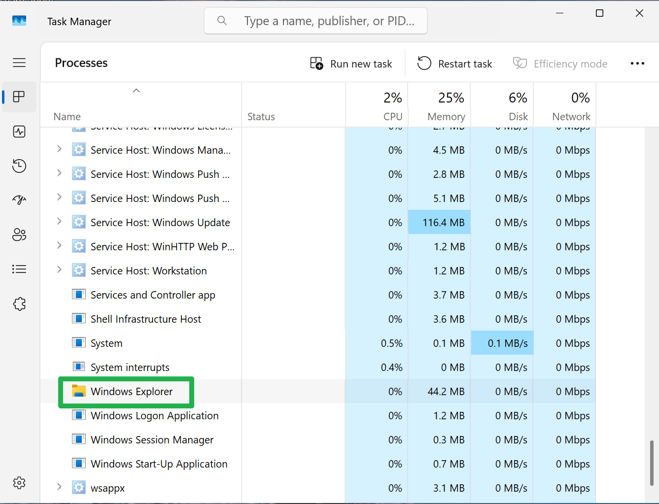 Süreçler altında Windows Gezgini'ni bulun