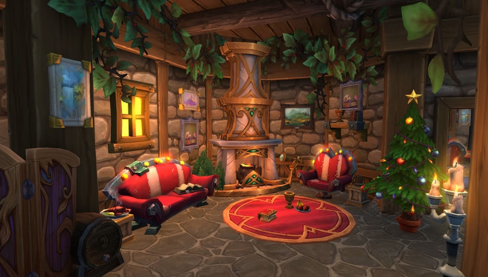 World of Warcraft'ta Noel temalı bir evin promosyon ekran görüntüsü
