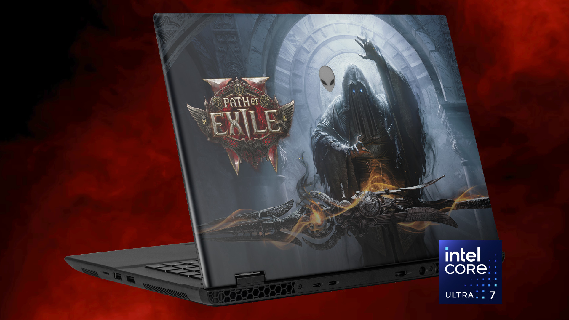 Exile Yolu 2-Oyun-Dizma-I-Race-EVENT Exile 2 Gaming Dizüstü Bilgisayarı - POE2 özel çıkartığına sahip bir Alienware dizüstü bilgisayar, GGG yarış etkinliği için bir ödül olarak kullanılabilir.