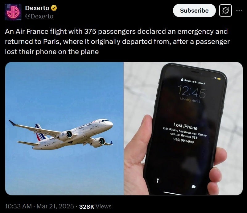 Kayıp bir telefon, bir saat sonra Air France uçuşunun Paris'e dönmesine neden oldu. Image Credit -X - Kalabalık Air France Jet, Yolcu akıllı telefonunu kaybettikten sonra Paris'e dönmeye zorlandı