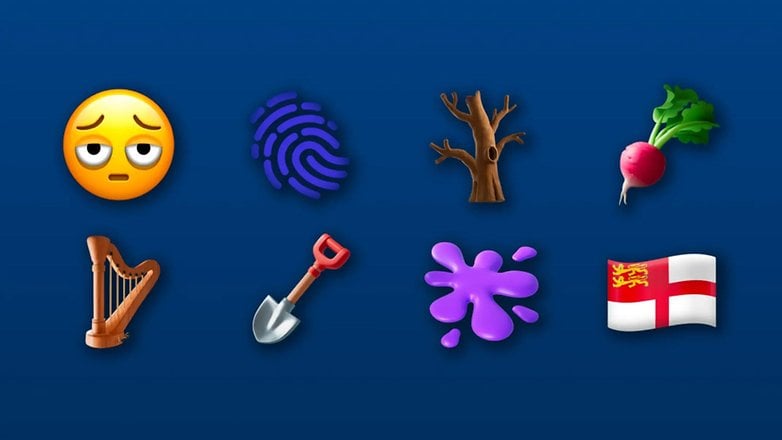 Sekiz emoji: düşünceli yüz, parmak izi, ağaç, arp, kürek, turp, boya sıçramaları ve bayrak.