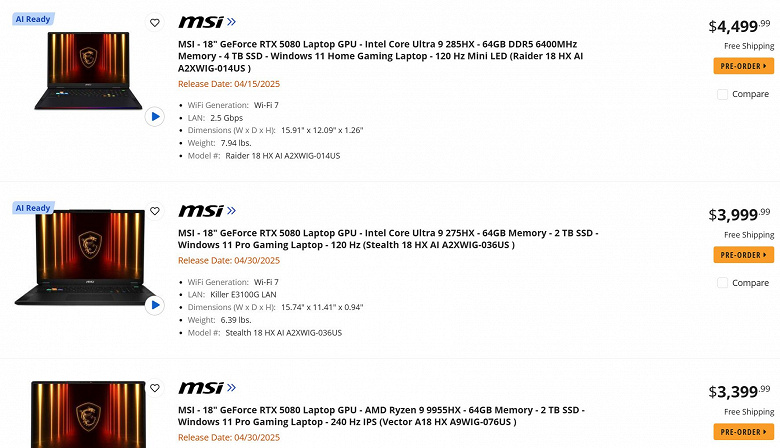 Ve burada yeni Geforce bir kuruşa uçacak. RTX 50 dizüstü bilgisayarlı dizüstü bilgisayarlar satışa çıktı - RTX 5090 dizüstü bilgisayarla bir model için 4300 $ 'dan