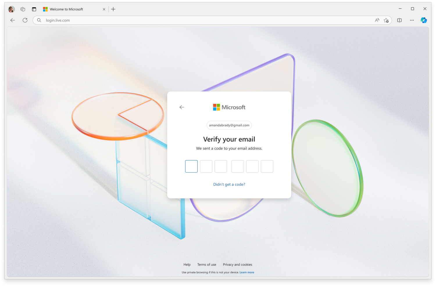 Bu, Microsoft Hesap Oluşturma için yeni kod giriş ekranıdır. | Resim Kredisi - Microsoft - Microsoft şifreler ve dizüstü bilgisayar girişlerini kolaylaştırır