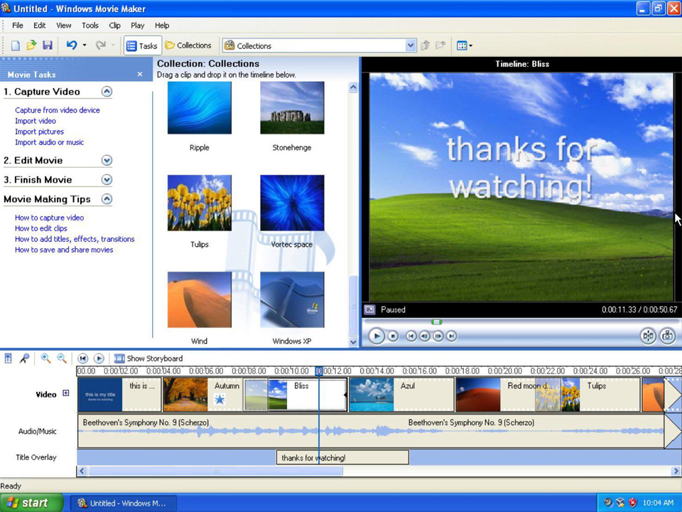 Windows XP'de çalışan Windows Movie Maker ekran görüntüsü.