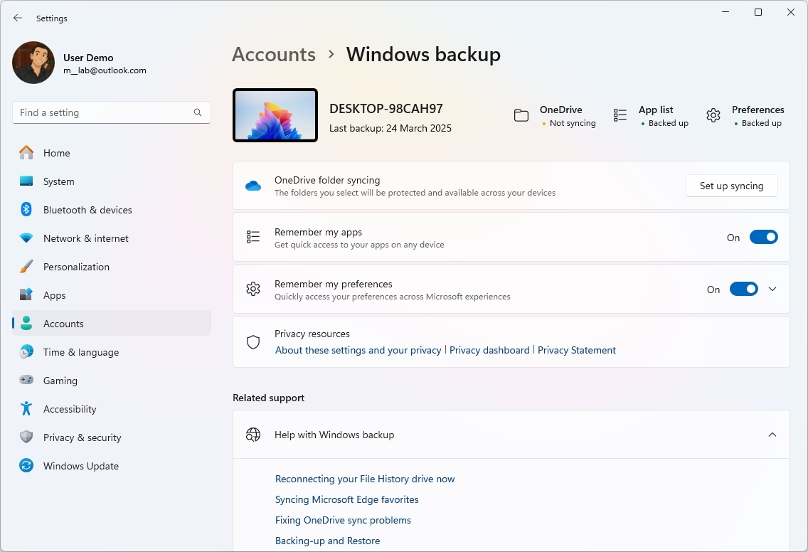 Windows 11 MSA yedekleme