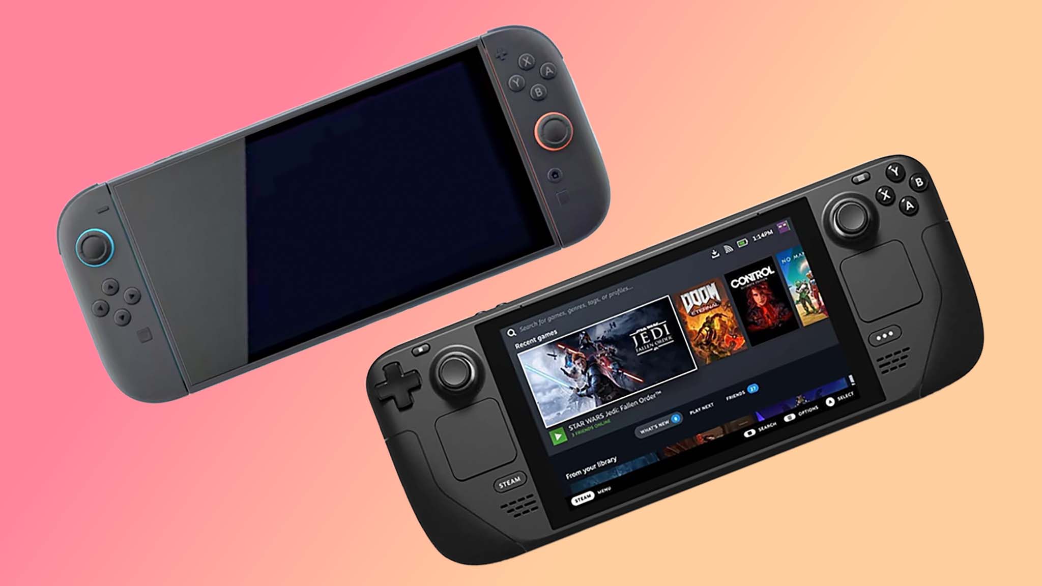 Nintendo anahtarı 2 ve şeftali arka planında buhar güvertesi.