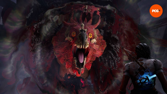 Midnight-Review-Rougarou-Boss-Fight Bir kadın, sarı gözlü büyük bir baykuş benzeri yaratığa karşı, öğrenciler için arttırır, ona kükreyen