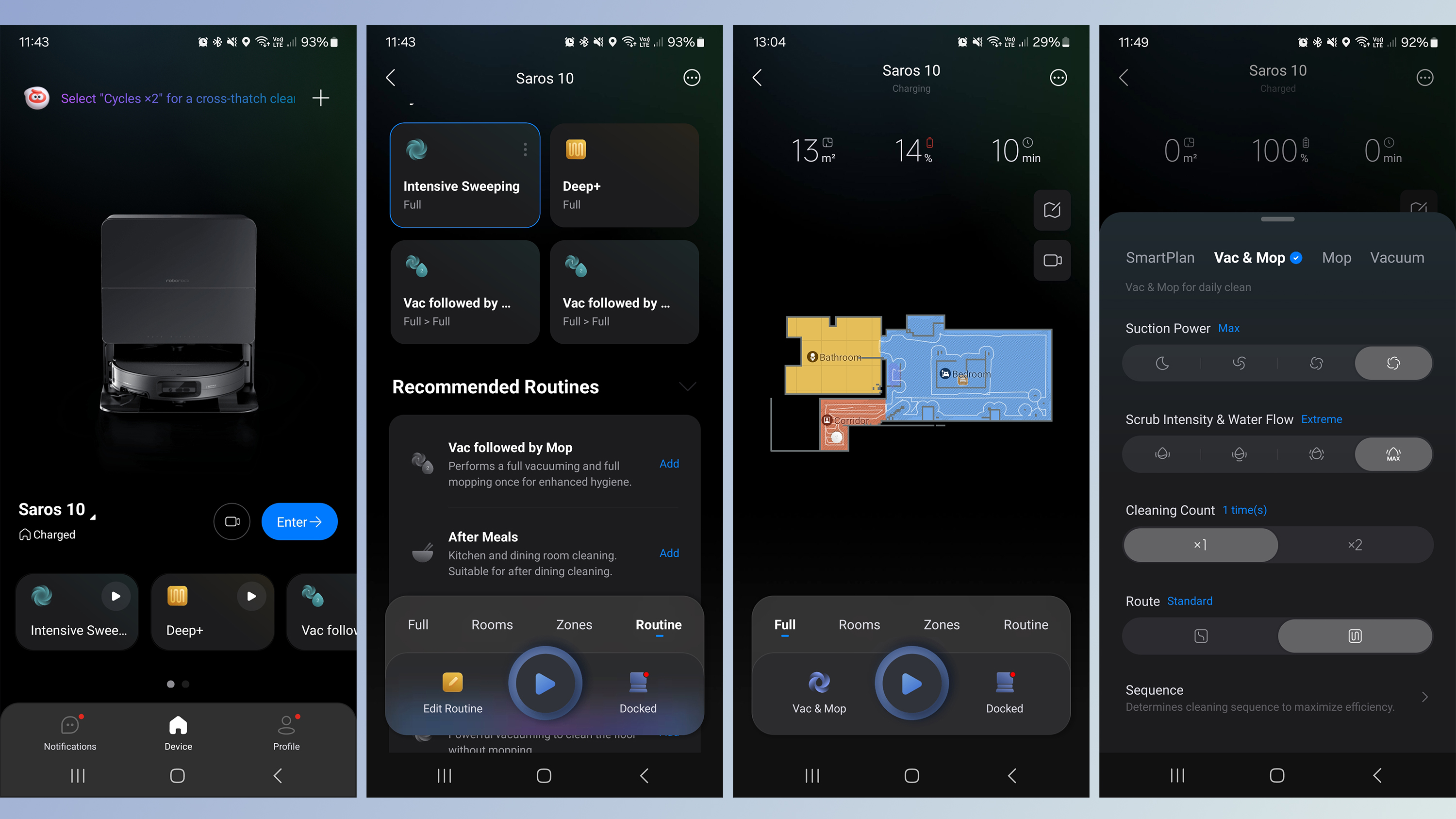 Screenshots from companion app for Roborock Saros 10 robot vacuum