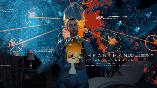 Death Stranding 2 voice actors: a bespectacled man wearing a blue suit, with an orange canister attached to his midriff