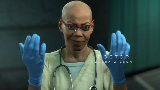 Death Stranding 2 voice actors: a bald woman wearing glasses and doctors scrubs