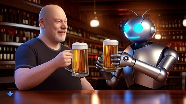 Bira kupaları olan bir barda kel başlı bir adam ve bir robot karşılaşması.