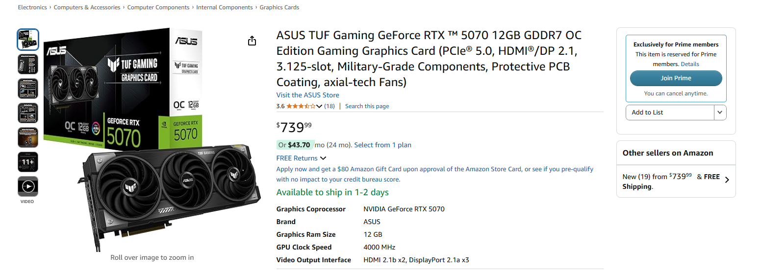 ASUS RTX 5070 Amazon Prime Card