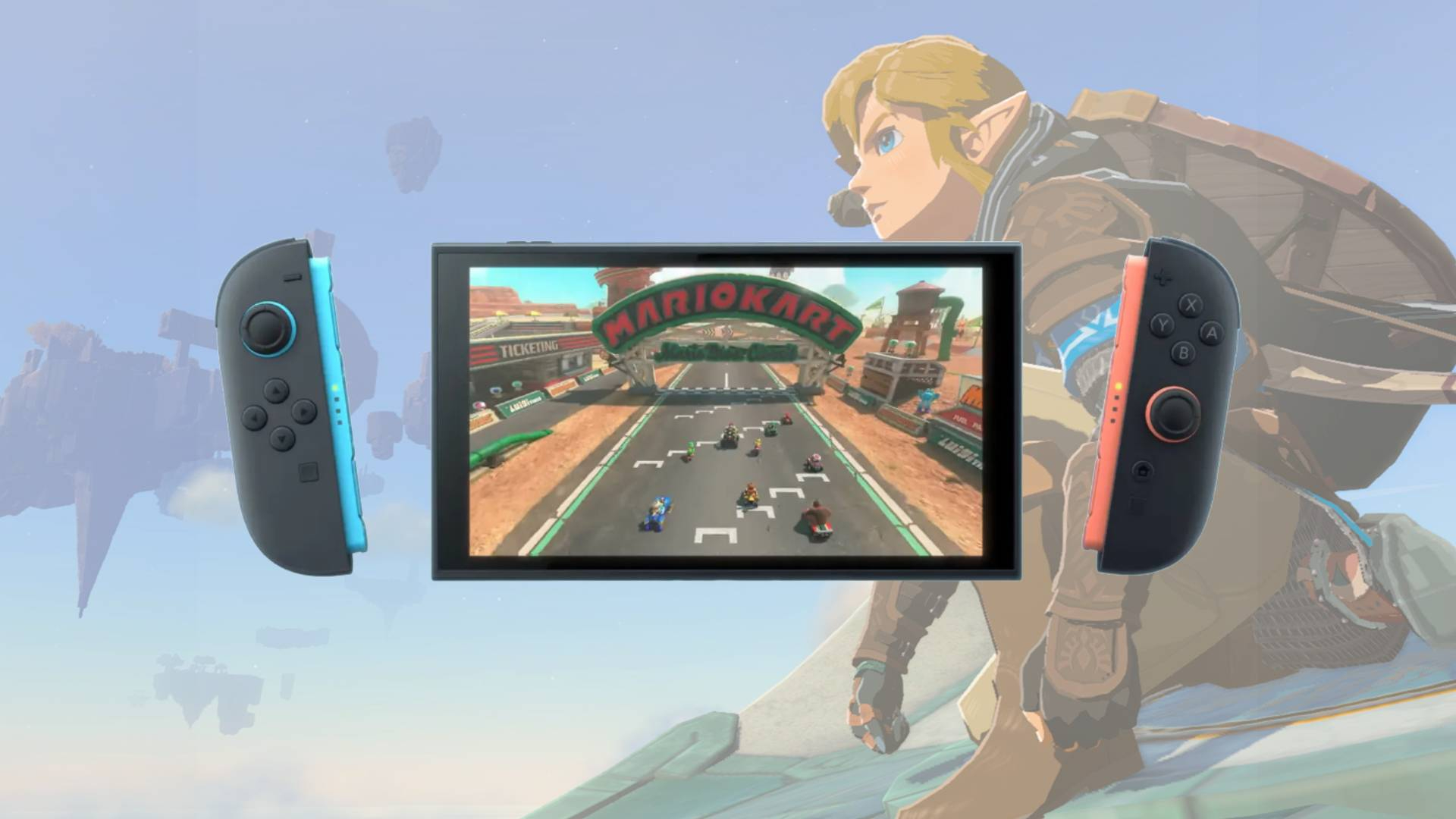 Zelda arka planında bir Nintendo Switch 2 konsolu