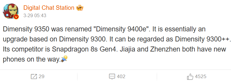 Görüntü Kaynağı - Weibo - MediaTek To Rakip Snapdragon'a Yeni Bir Dimensity 9400E
