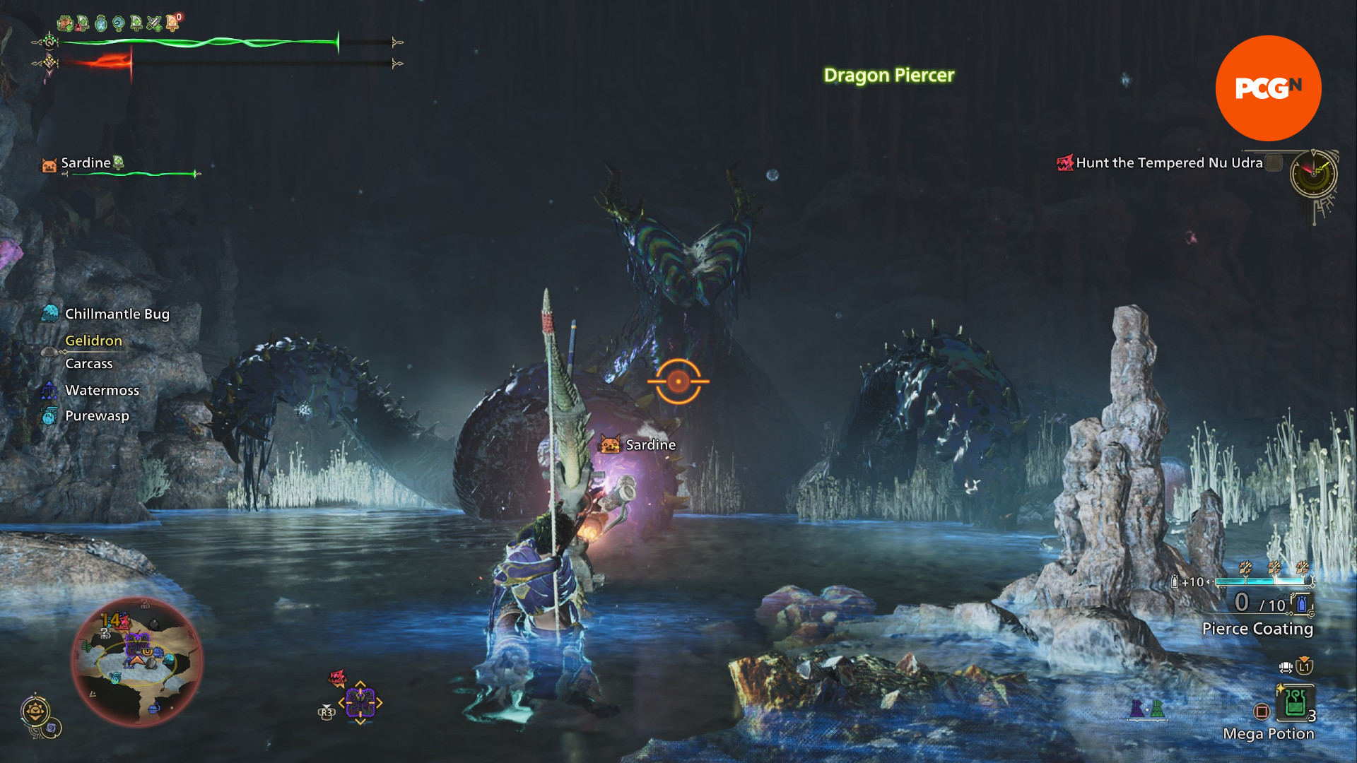 Monster-Hunter-Wilds-Title-Update-1-Bow-Dragon-Piercer Monster Hunter Wilds Başlık Güncellemesi 1 - Bir oyuncu, Nu Udra'ya karşı yayın ejderha delicisini kullanıyor.