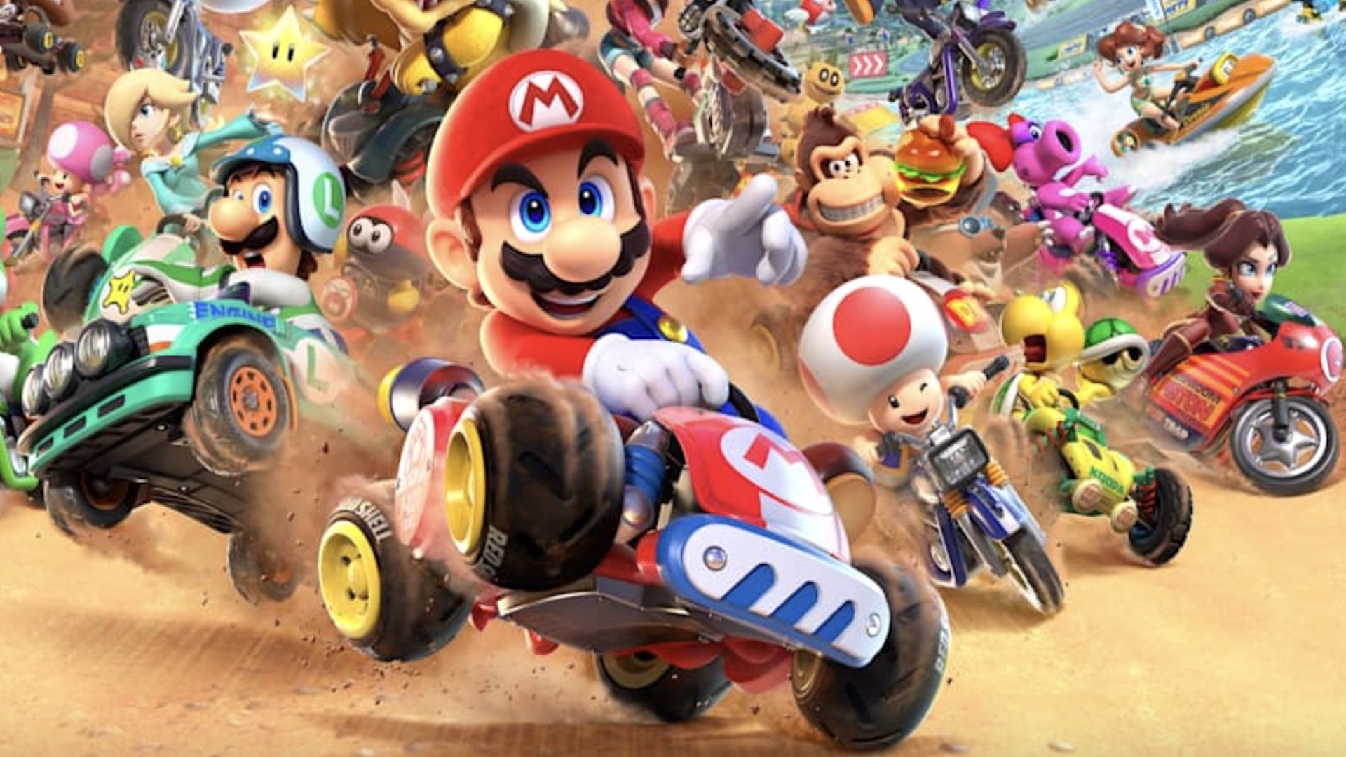 Mario Kart dünya karakterleri kameraya doğru yarışıyor