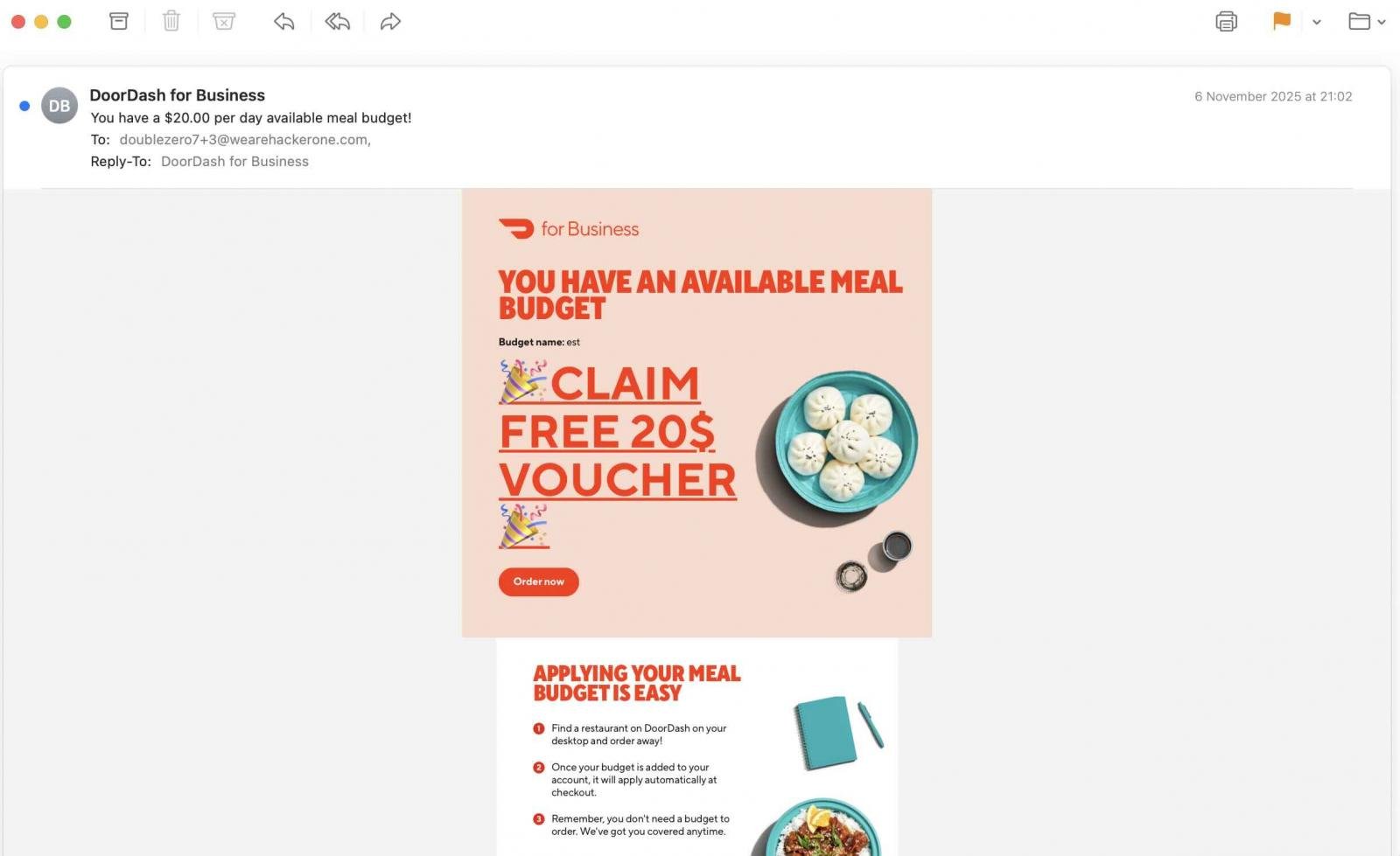 Crafted email sent via DoorDash's official servers