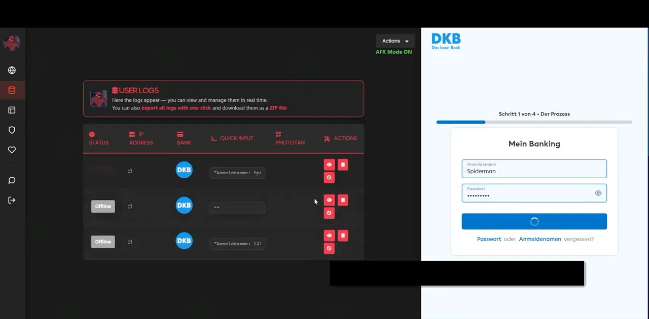 Real-time interaction with victim through the control panel
