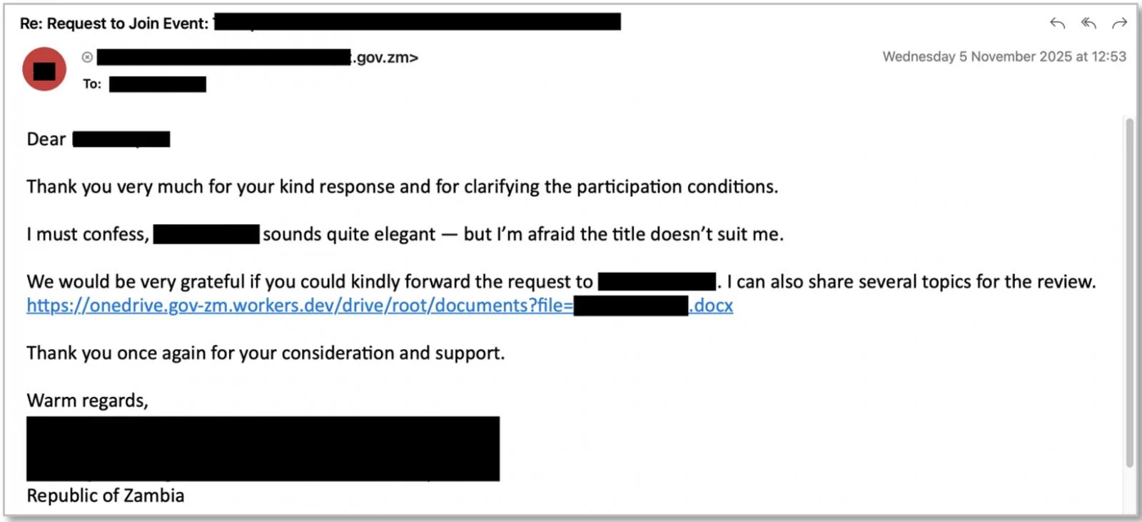 Malicious email that follows prior innocuous interaction
