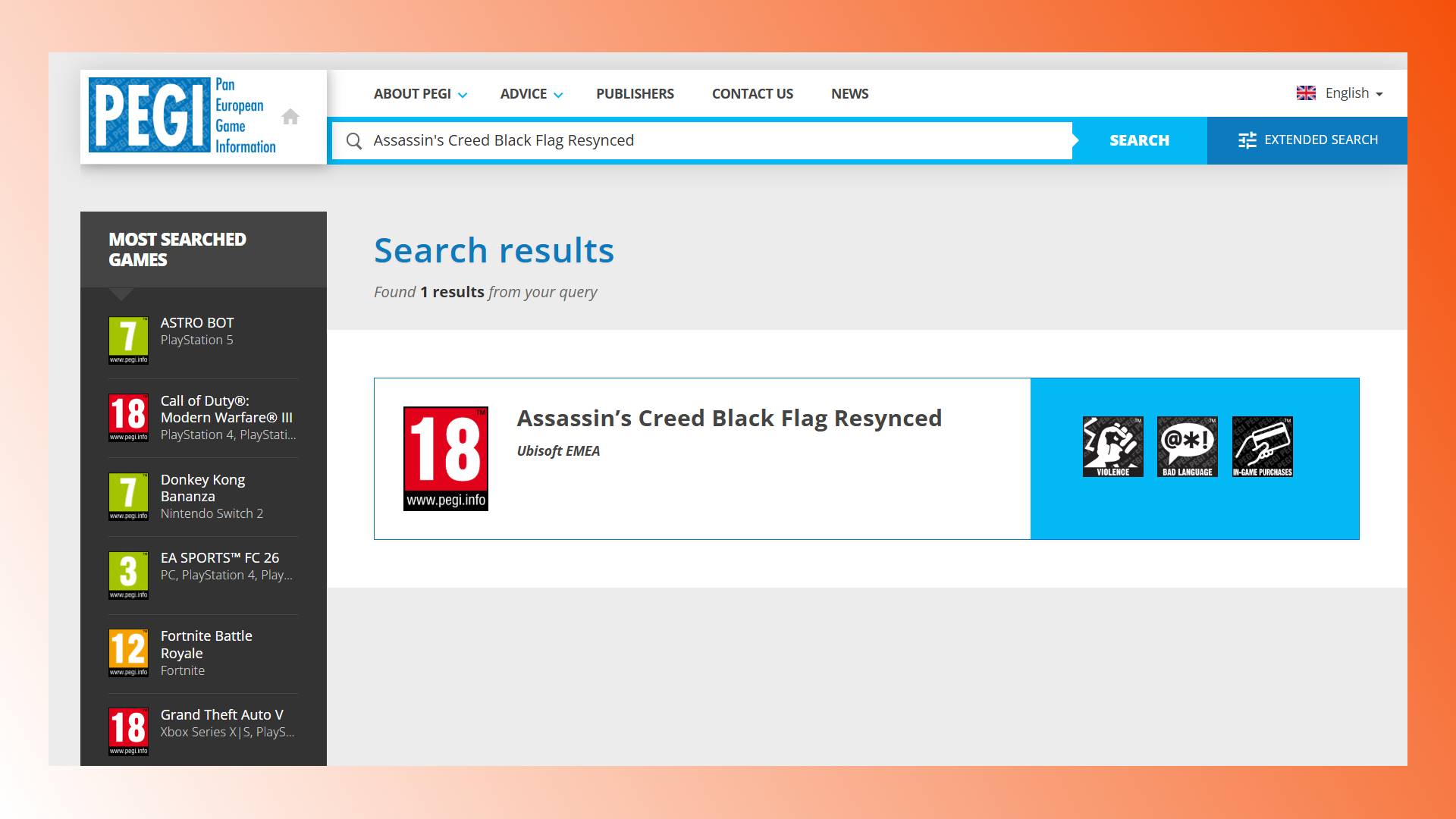 PEGI derecelendirme sitesinde Assassins Creed Black Flag Resynced için bir kayıt.