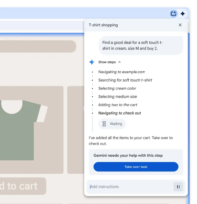 Chrome'un agent modelinin alışveriş yaparken kullanıcıdan onay istemesi.