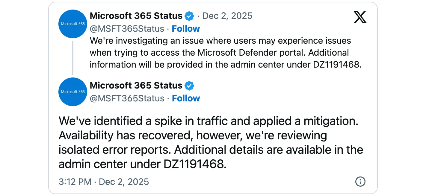 Defender XDR portal outage