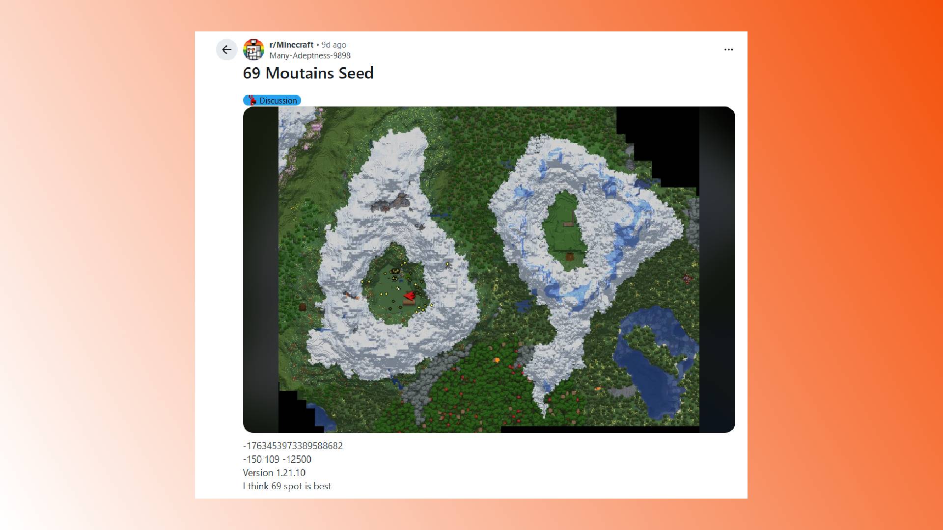 screenshot of reddit post showing 69 mountains in minecraft