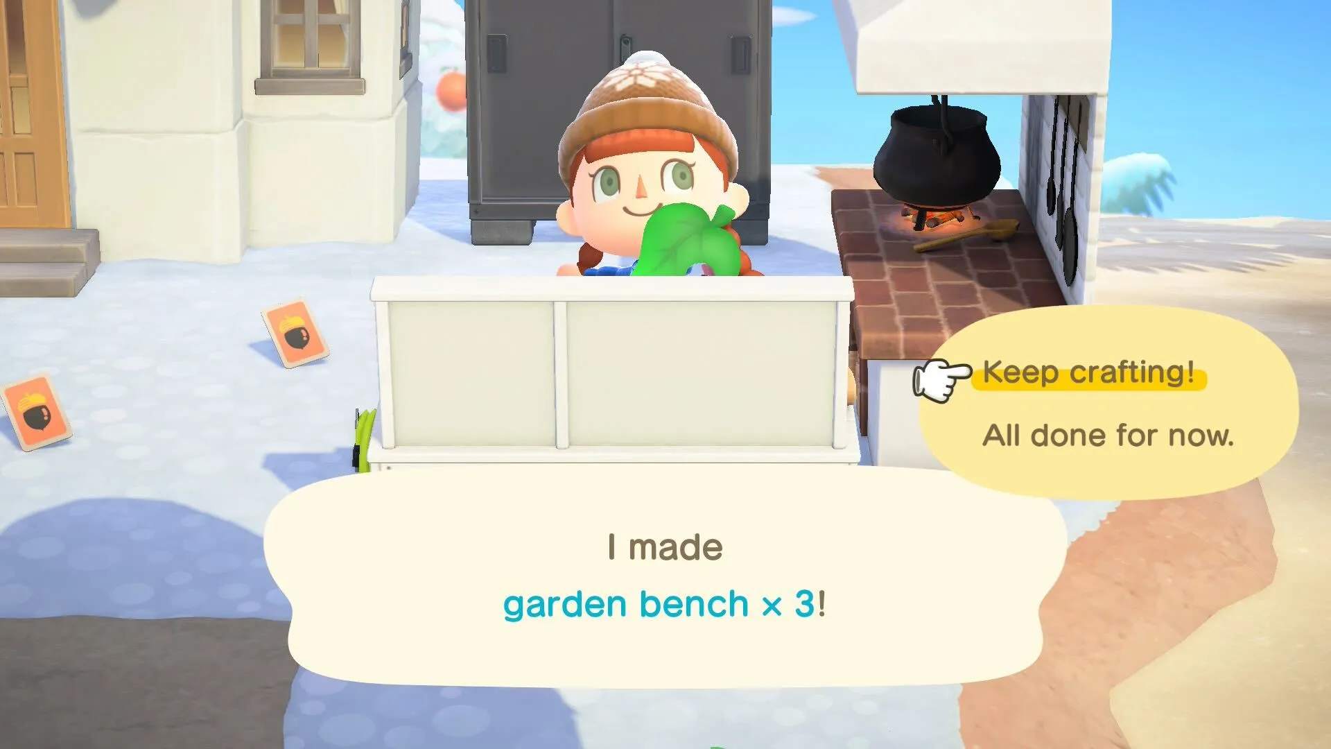 Animal Crossing: New Horizons oyuncusunun konuşma balonunda ‘Bahçe bankı yaptım x 3!’ yazıyor.