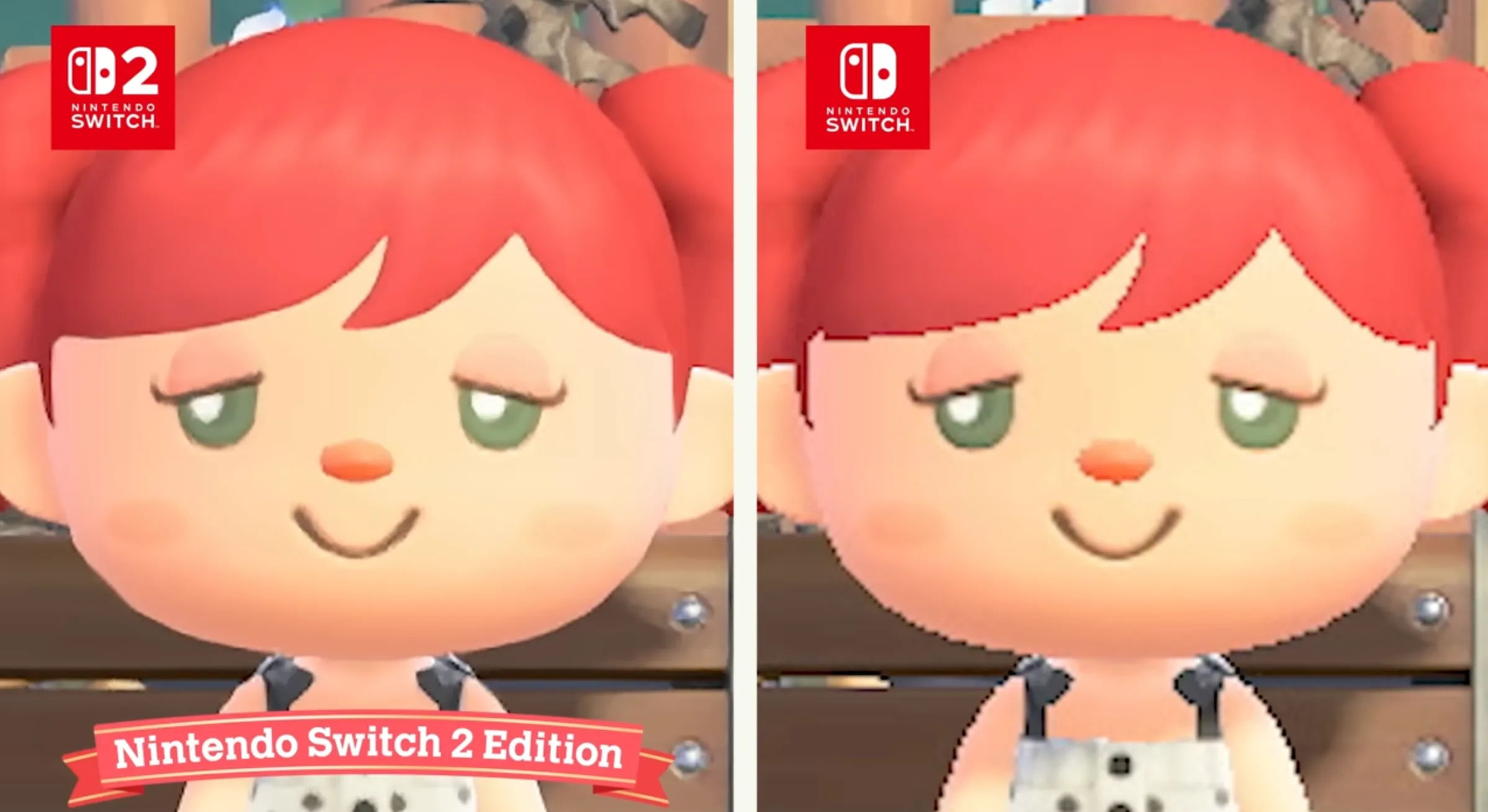 Animal Crossing karakterinin, Nintendo Switch 2 sürümünde çok daha düzgün görünümünü sağlamak için yapılan bir yan yana karşılaştırma.