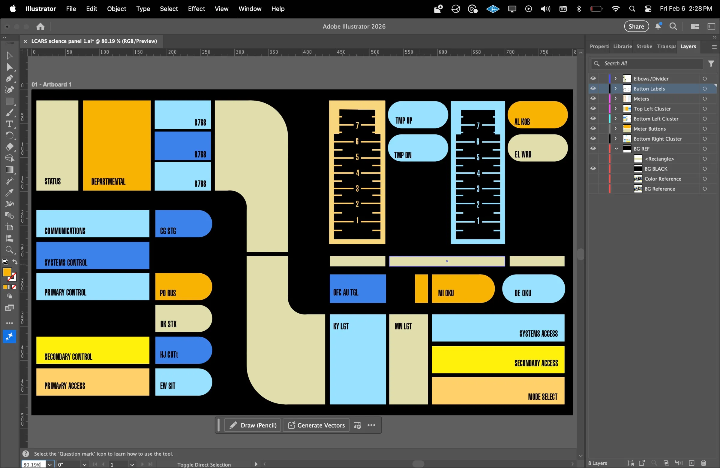 Adobe Illustrator'da bir LCARS bilgisayar kontrol paneli tasarımı için bir ekran görüntüsü