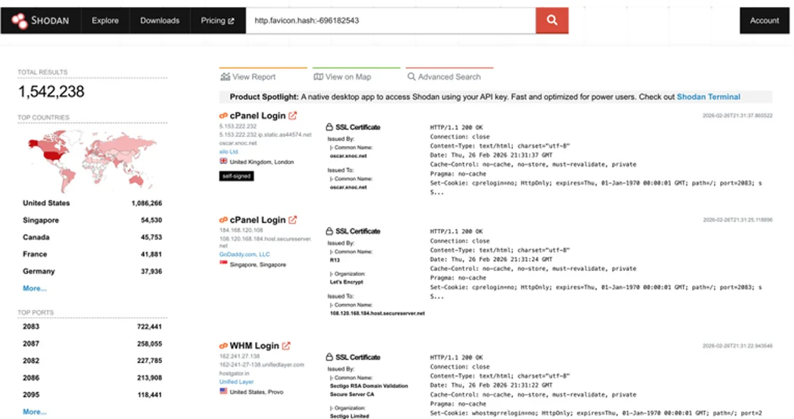 Shodan, 1.5 milyon cPanel buluyor