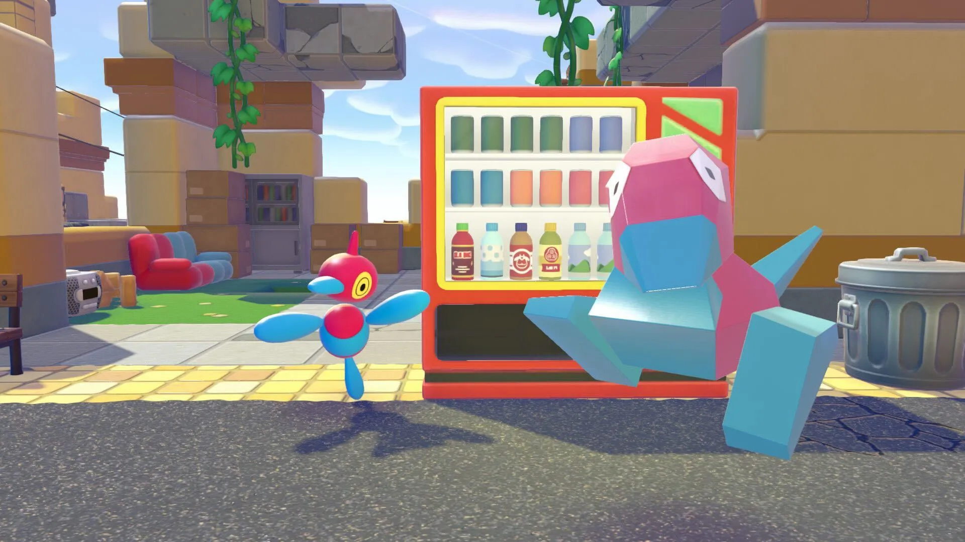 Pokopia'dan bir ekran görüntüsü, 1. neslin yüksek polygonlu Pokémon'u Porygon'u, evrildiği Porygon-Z'nin yanında gösteriyor.