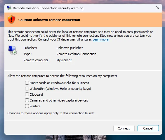 Windows, RDP dosyasının onaylanmamış bir yayıncıdan geldiğini belirtiyor